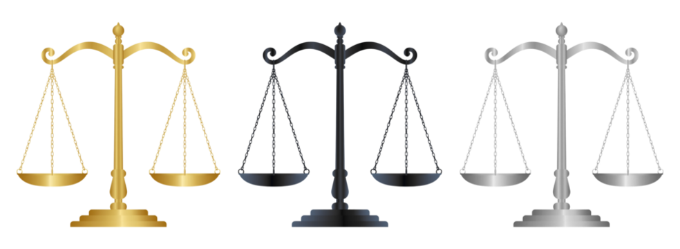 A collection of scale of justice, isolated on a transparent background