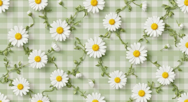 A charming flat lay composition of delicate white daisy flowers and buds with winding green stems creating a seamless floral pattern on a sage green and white gingham surface