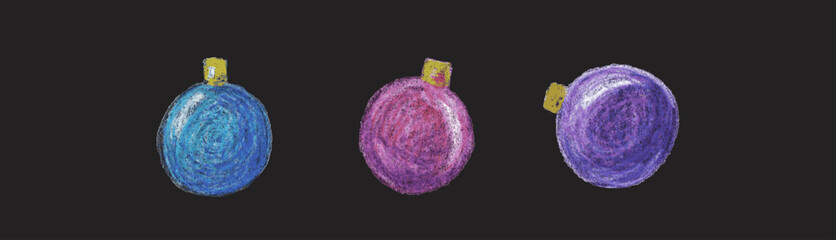 three Christmas Balls Trois boules de Noël colorées dessinées au pastel, décorations festives faites main pour cartes, affiches et projets créatifs