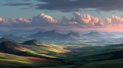 Beautiful rolling countryside fields and hills at dawn, illuminated by ethereal golden light, with soft clouds above and distant layered mountains.