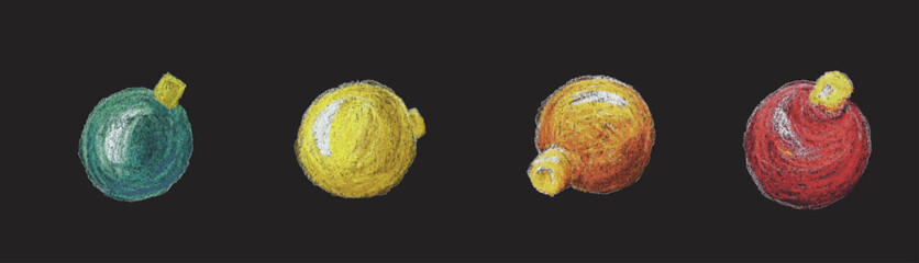 four christmas Balls quatre boules de Noël colorées dessinées au pastel, décorations festives faites main pour cartes, affiches et projets créatifs