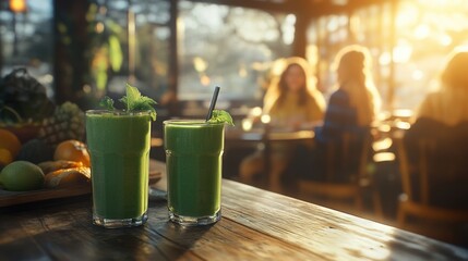 Green smoothies on café table during winter Veganuary moment, symbolizing plant based choices, refreshing nutrition, seasonal wellness