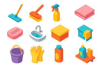Isometric Cleaning Icons. Home cleaning setup flat icons set. mop, floor brush, spray bottle, towel, soap bar, sink, counter surface, window cloth, bucket, gloves, detergent jar