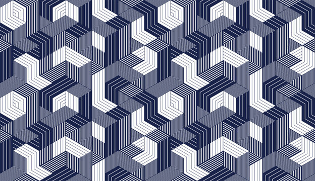 Cubic surreal maze seamless pattern, trippy unreal vector geometric abstract background, impossible construction optic art insane wallpaper.