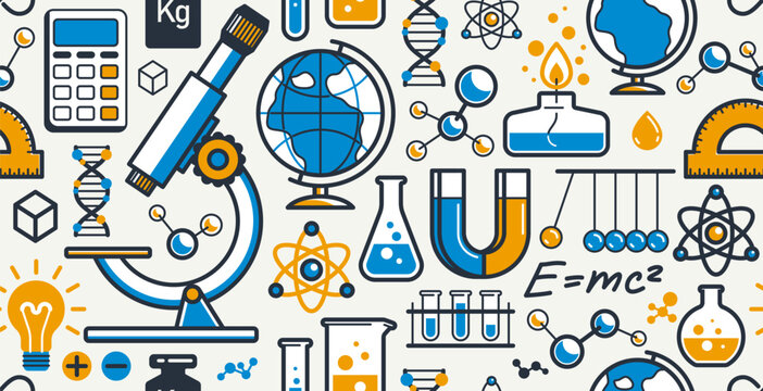 Science seamless pattern, vector endless background with a lot of elements that can be used separately as an icons or illustrations, physics and chemistry wallpaper.