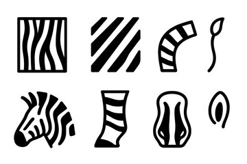 Obraz premium Zebra Stripe Icons. Zebra Patterns linear icon set: stripe panel, diagonal stripes, curved stripe band, tail tuft, mane stripe, leg stripe, muzzle shape, ear tip