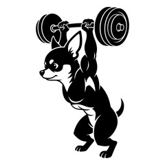 Chihuahua lifting heavy barbell muscular silhouette vector for tiny gym mascot and branding