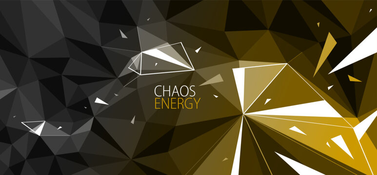 Low poly vector abstract background, 3D dark polygonal surface and particles flying in chaos, triangular structure and debris in decay, science and technology.