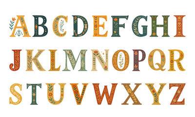 A decorative floral alphabet set in a vintage folk-art style, featuring ornate botanical patterns and warm earthy colors for creative design and typography projects © Kseniya
