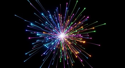 Colorful abstract fireworks burst brightly in the night sky, creating a celebration of light and stars on a black background