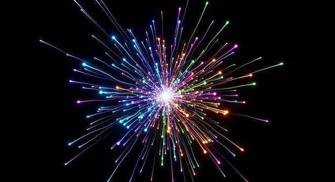 Colorful abstract fireworks burst brightly in the night sky, creating a celebration of light and stars on a black background - Powered by Adobe