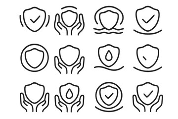 Safety Shield Icons. Safety Shield linear icon set: soft-edged shield, gentle glow, safety checkmark, protective hands, calm wave, shield halo, stable line, supportive arc, clear
