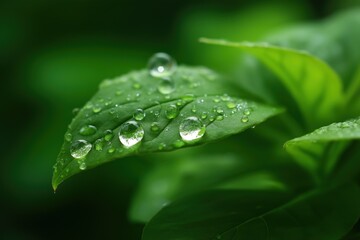 Close-up of dew drops on vibrant green leaf in lush nature scene