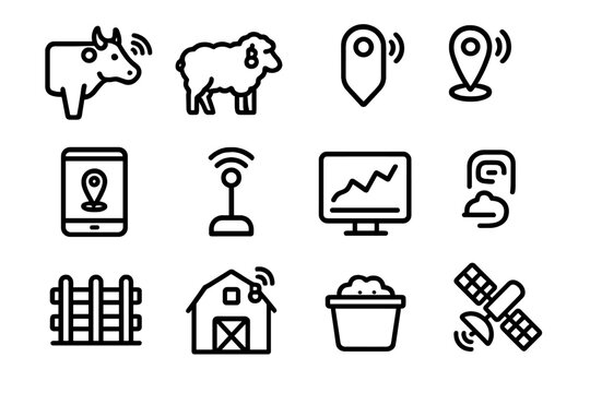 Animal Tracking Icons. Animal Tracking Devices linear icon set. cow, sheep, GPS tag, tablet, antenna, data chart, fence, barn, sensor, hoof, feed bucket, satellite