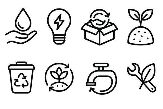 Sustainable Resources Icons. Sustainable resource systems actions linear icon set: water conservation, energy saving, material reuse, soil regeneration, waste reduction, renewable