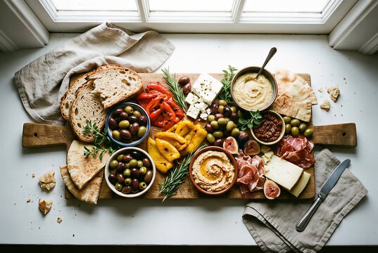 Mediterranean grazing board with hummus olives cheese and bread on wooden platter - Powered by Adobe