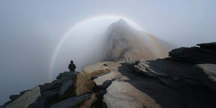Misty mountain ridge with rainbow and lone figure silhouette - Powered by Adobe