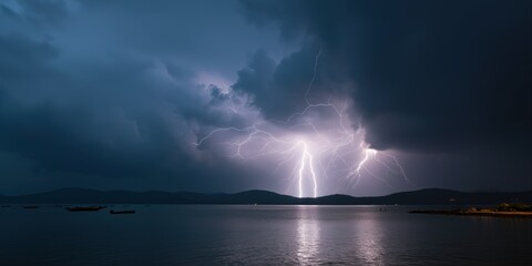 Dramatic lightning storm illuminates dark clouds over tranquil lake landscape