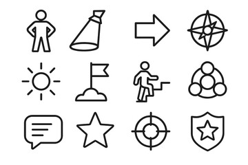 Leadership Icons Set. Leadership Presence Elements Set linear icon set: confident stance icon, spotlight beam, guidance arrow, vision compass, clarity spark, goal flag, steady