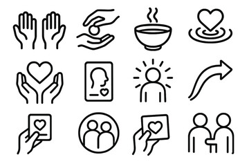 Generosity Icons Collection. Generosity Set linear icon set: open hands icon, giving gesture, warm offering bowl, kindness ripple, shared heart symbol, thoughtful action card