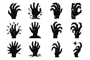 Obraz premium Creepy Hand Silhouettes. Creepy Hand Elements linear icon set: clawed silhouette, shadowed fingers, rotten knuckles, popping dirt fragments, tattered cuff, eerie glow, grave mound