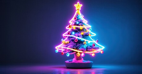 Bright neon Christmas tree stands out against dark background. Festive lights create vibrant glow, star tops conical shape.