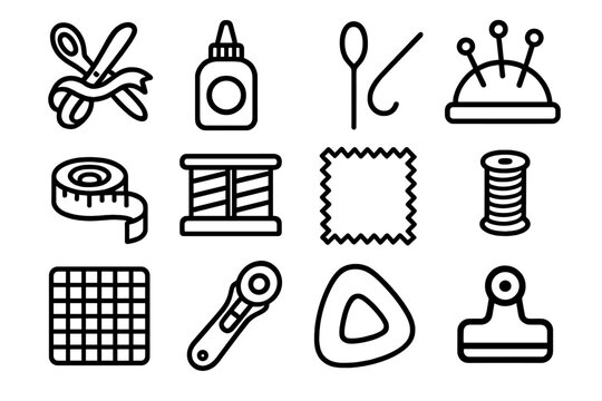 Crafting Tool Icons. Craft Ribbon Tools linear icon set: ribbon scissors, glue dot, needle threader, pin cushion, measuring tape, ribbon organizer, fabric swatch, cutting mat