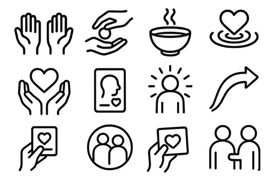 Generosity Icons Collection. Generosity Set linear icon set: open hands icon, giving gesture, warm offering bowl, kindness ripple, shared heart symbol, thoughtful action card