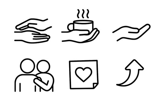 Icons of Compassion. Compassion Actions linear icon set: comforting hand, shared cup, offering gesture, supportive shoulder, kindness note, uplift arrow
