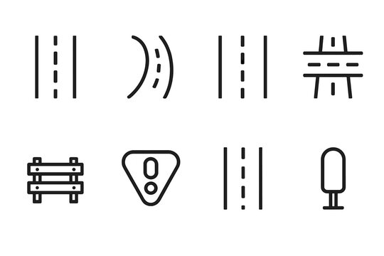 Road Icons Collection. Road Elements linear icon set: straight road, curved road, intersection, overpass, guardrail, traffic island, median line, mile marker