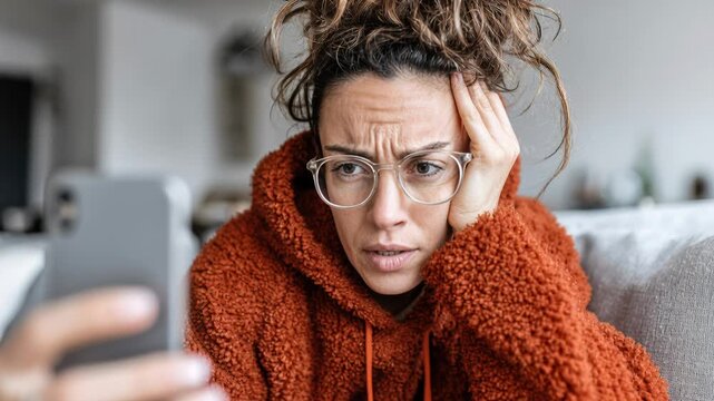 young woman sitting on couch reading smartphone, facial expressions show confusion and worry while scrolling through messages,