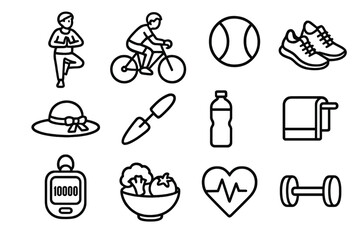 Obraz premium Healthy Lifestyle Icons. Active aging linear icon set. yoga pose, bicycle, tennis ball, walking shoes, sun hat, garden tool, water bottle, towel, step counter, healthy meal, heart