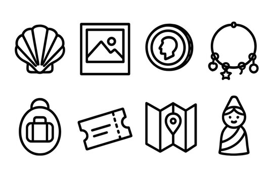 Travel Mementos Icons. Travel Keepsakes linear icon set. seashell, polaroid photo, coin, charm bracelet, travel sticker, ticket stub, map, small figurine.