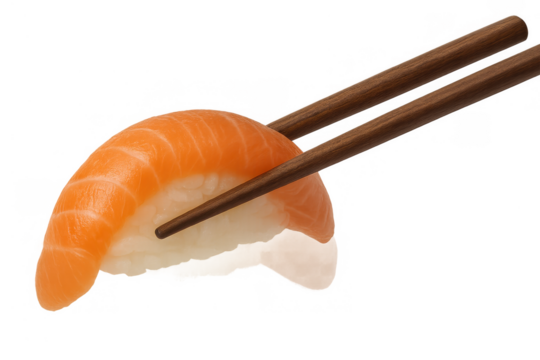 Nigiri salmon sushi caught by wooden chopsticks, fresh raw fish on white rice, ready to eat, over transparent background