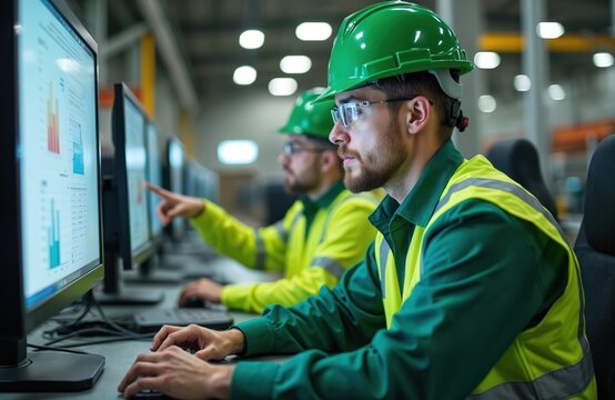Engineers in hardhats work at computers. They examine charts and graphs. Men oversee manufacturing control, monitor production, ensure quality. Data analysis and technology help make decisions.