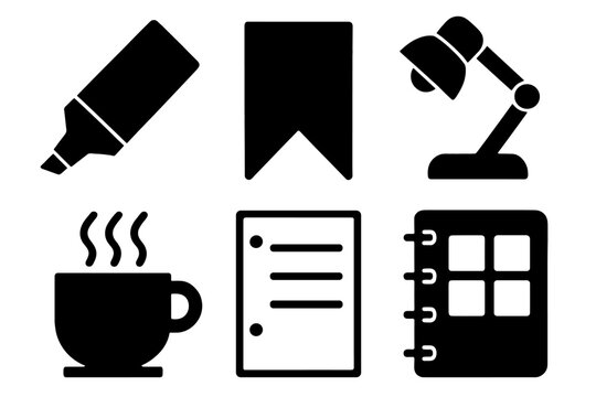 Study Icons Collection. Study Essentials Set silhouette icon set: highlighter, bookmark, study lamp, coffee cup, notes page, planner