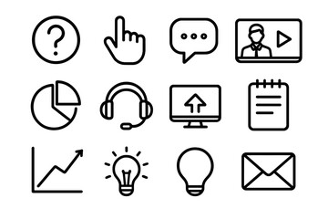 Webinar Essentials Icons. Interactive Webinars linear icon set: question icon, pointer hand, chat box, video frame, pie chart, speech bubble, headset, screen share, notepad, graph