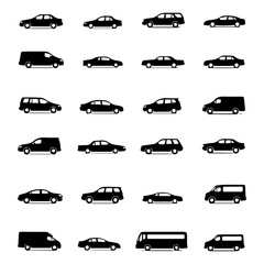 Assorted Vehicle Silhouette Icon Collection: Black Side View Set of Sedan, Coupe, Wagon, Minivan, and Bus Shapes for Diverse Transportation Graphics & UI Design