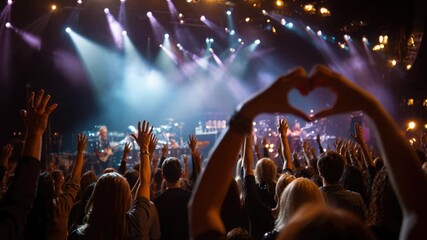 crowd at live concert stage lights, fans raise hands, fan forms heart silhouette in foreground, purple and blue beams, haze and confetti, glowing phone screens - Powered by Adobe