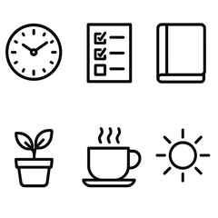 Fototapeta premium Icons of Daily Balance. Daily Balance linear icon set: clock, checklist, journal, tea cup, plant, sunlight