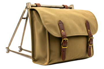 Canvas bicycle pannier bag with brown leather straps isolated on a transparent background