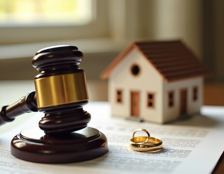 Gavel rests on divorce papers near wedding rings and miniature house. Legal separation of marital assets like property and home is settled in court.