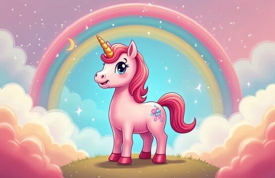 Cute pink unicorn with golden horn stands on green hill under pastel rainbow sky. Adorable cartoon horse illustration with fluffy clouds and sparkling stars.