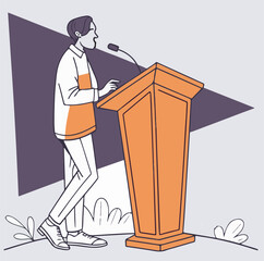 orange podium and minimal abstract background silhouette vector art illustration, man with a microphone in his hand