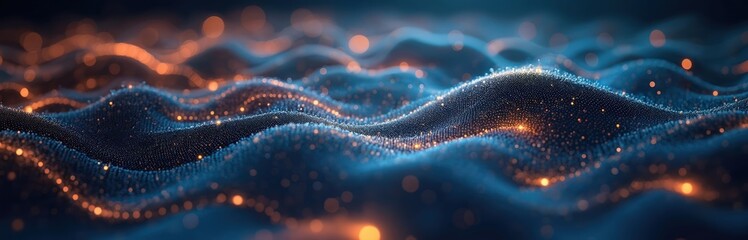 Abstract digital image features shimmering waves. Blue and orange light dots create flowing lines. Concept of tech data flow visualization modern computing and future digital world.