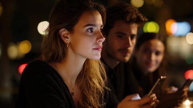 three women at night using phones, city bokeh glow and leather jacket detail, central screen light illuminating faces as friends exchange messages, check maps
