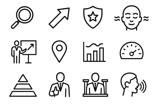 Executive Icon Set. Executive Presence Set linear icon set: strategic lens, direction arrow, professionalism badge, calm breath icon, presentation frame, priority marker, steady