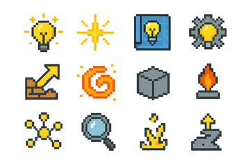 Innovation Icons Set. Innovation Icons pixel style icon set: glowing lightbulb, idea spark, concept blueprint, innovation gear, breakthrough arrow, creative swirl, prototype cube