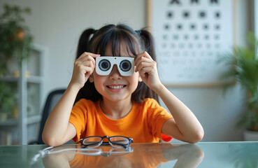 Young asian girl checks vision with special medical equipment. Child has eye exam in clinic. Eyesight diagnostic, healthcare concept. Kid in hospital tests eyes with optometry tool.