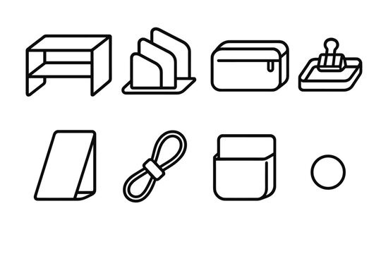 Organized Desk Essentials. Desk Declutter Set linear icon set: compact shelf, sort divider, pencil case, clip tray, file stand, cable loop, accessory pocket, neatness dot